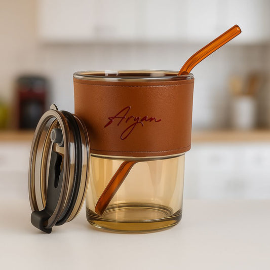 Personalized Bliss - 400 ml Glass Tumbler with Leather Grip, Lid and Straw