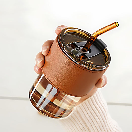 Personalized Bliss - 400 ml Glass Tumbler with Leather Grip, Lid and Straw